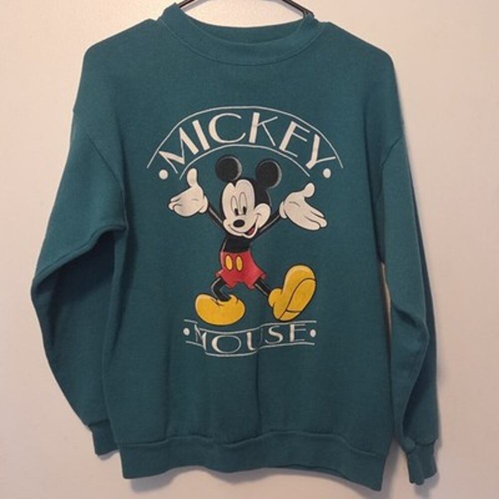 Vintage Mickey Mouse Crewneck Sweatshirt Size M Graphic Teal Disney Sweater
